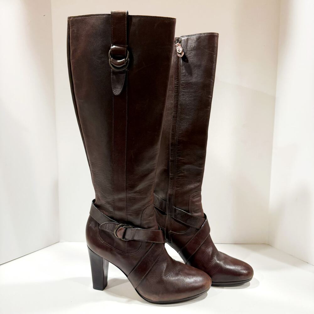 Cole Haan Nike Air Brown Leather Knee High Heeled Boots Women’s 7B Buckle